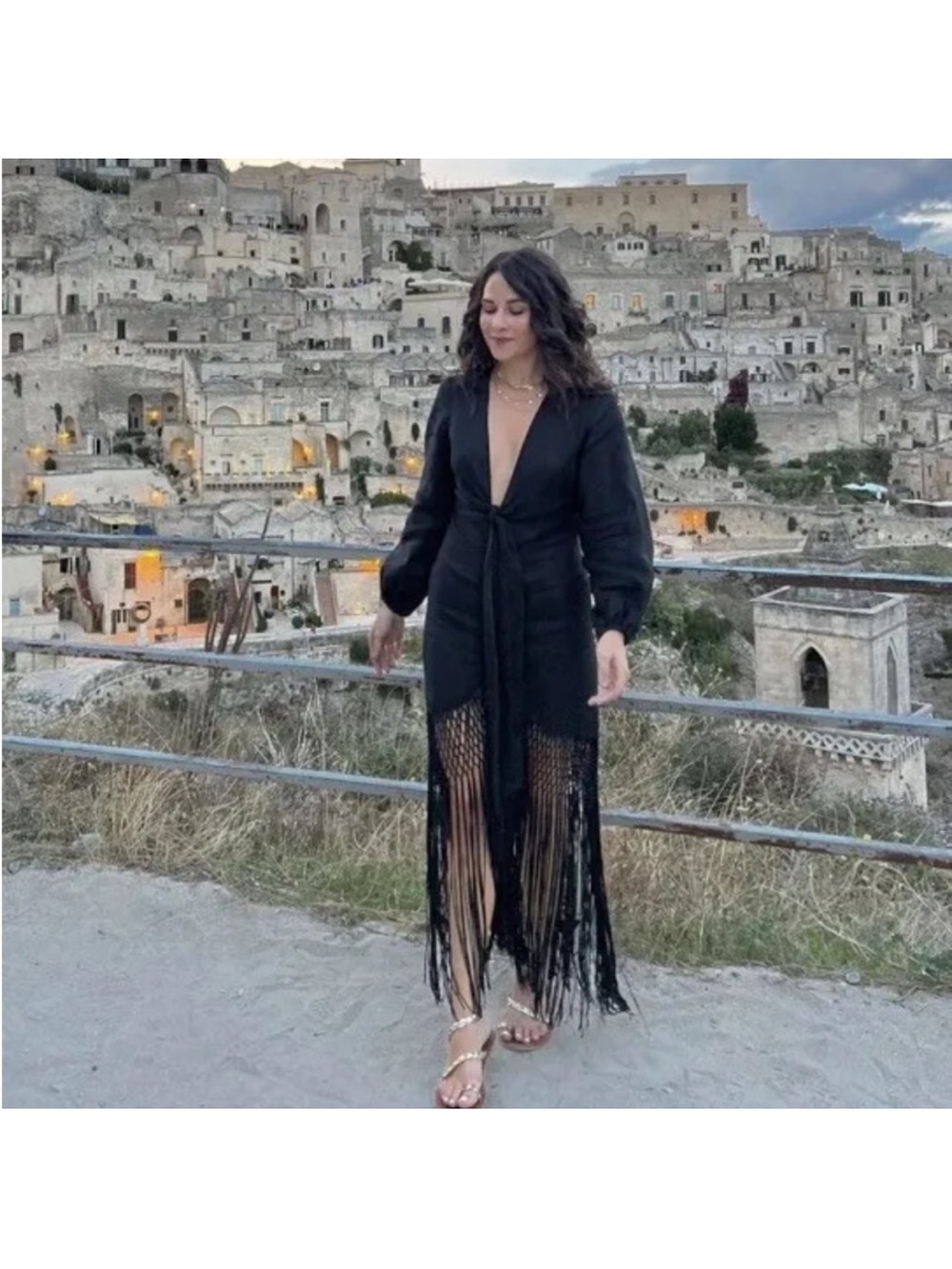 Zara Black Long Sleeve Fringe Maxi Dress